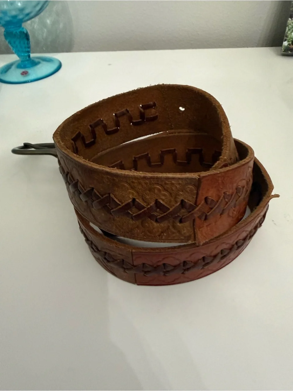 Fossil Brown Leather Belt M Western Tooled Braided Boho Cowgirl 42” Shaded